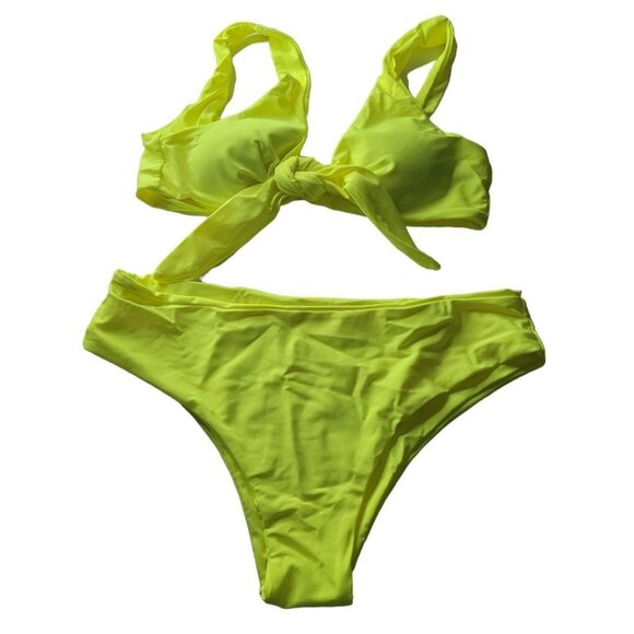 Bright Yellow Two Piece Swimsuit Bikini Tie Front Neon Womens Medium Padded - Picture 1 of 8